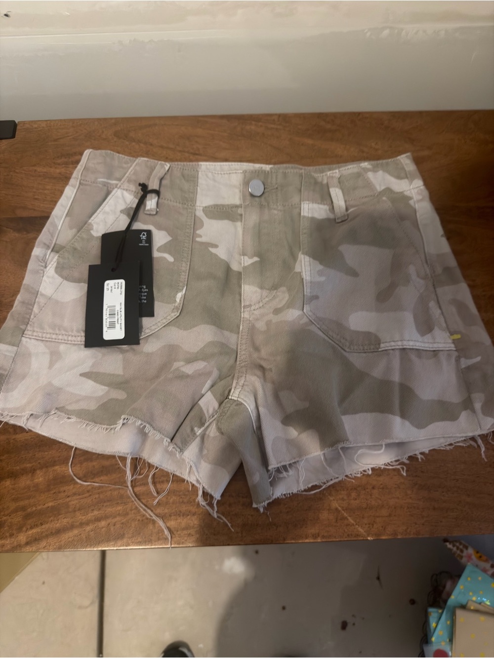 PAIGE Beige Camo Cutoff Denim Shorts